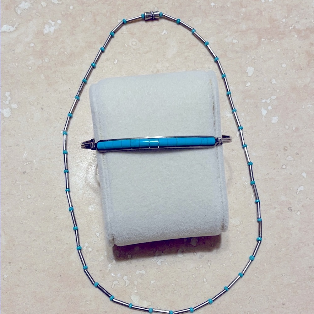 Navajo Tourist Trade Turquoise Beaded Necklace Sterling Wire wrap Bracelet Set
